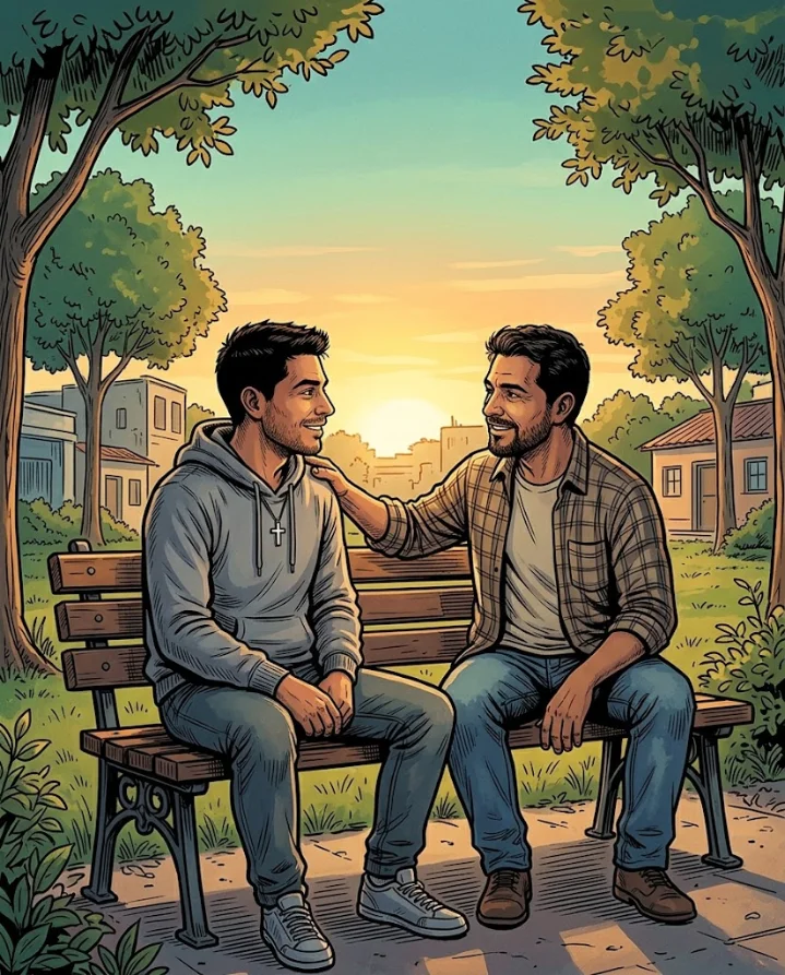 Dos amigos conversando en un banco al atardecer